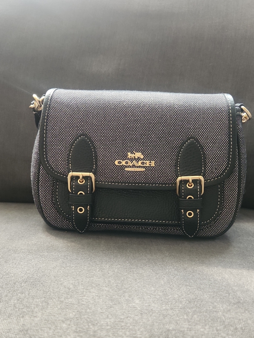 Coach Navy Canvas and Black Leather Saddle Crossbody